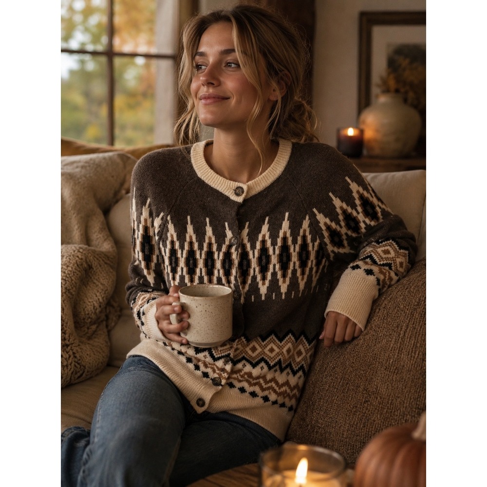 J.Crew Women Brown Fair Isle Merino Alpaca Blend Button Front Cardigan Sweater M